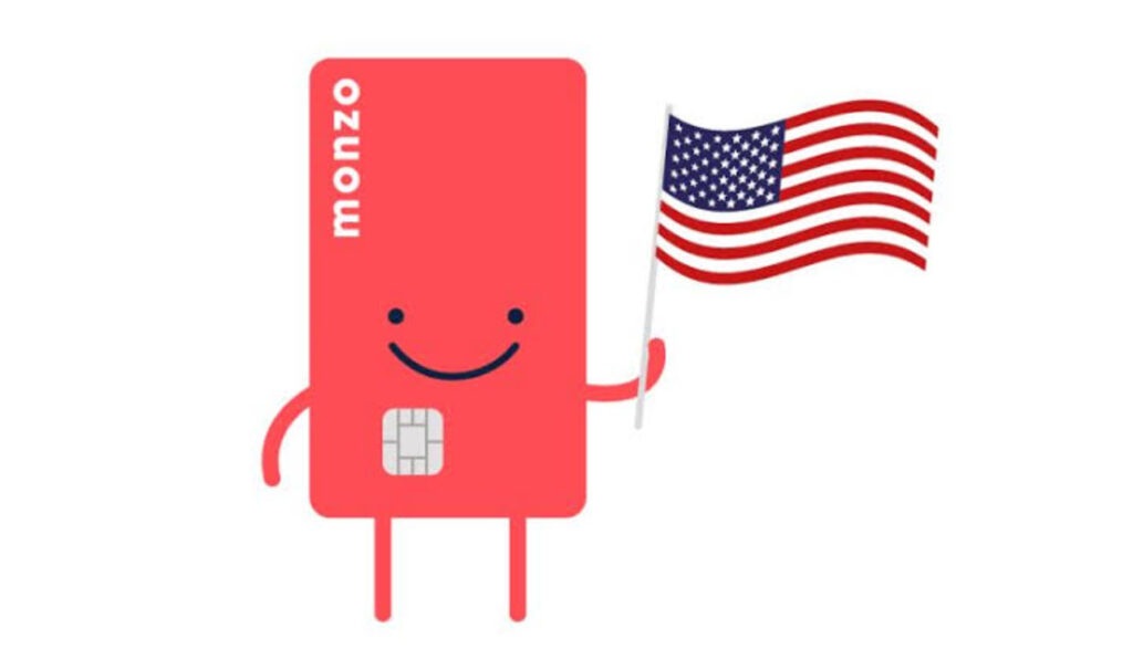 Infographic showing animate Monzo card holding US flag