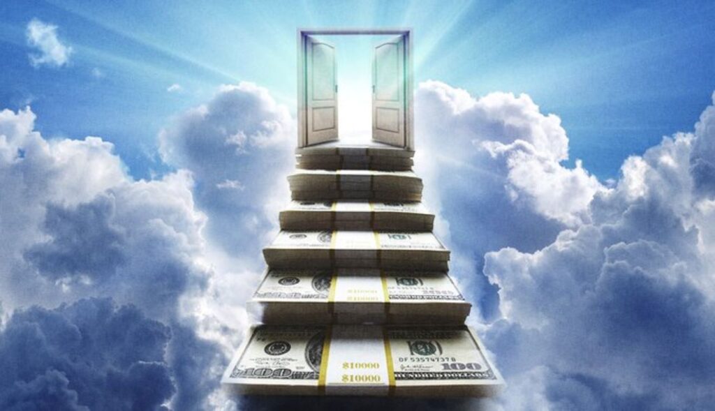 A visualization showing steps of dollar bills leading to a door in the sky