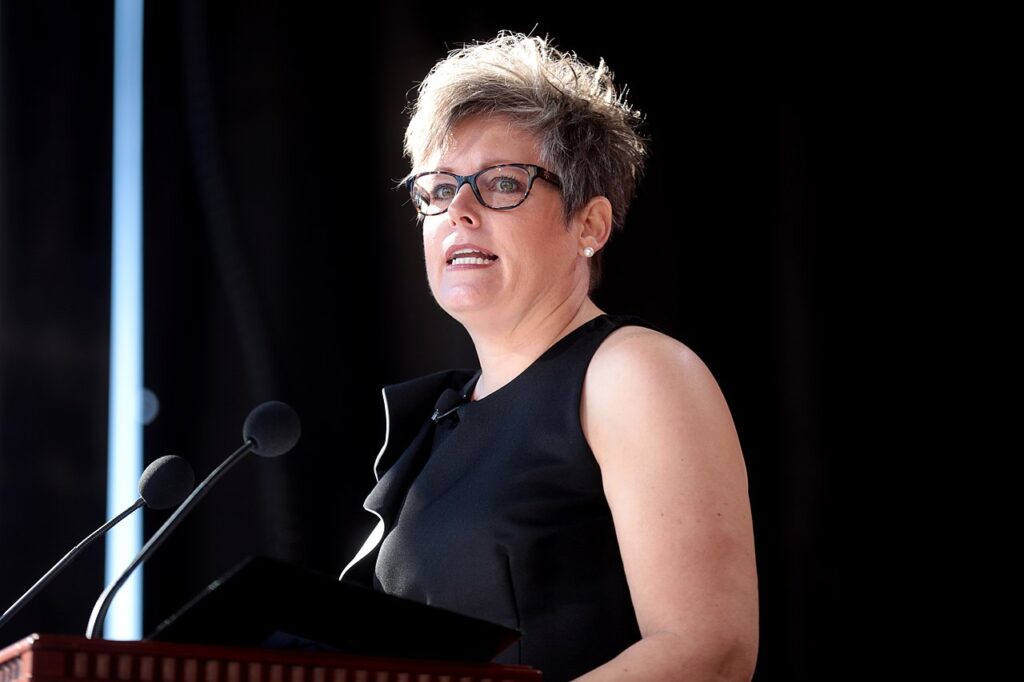 Katie Hobbs at the Arizona Capitol building in 2019