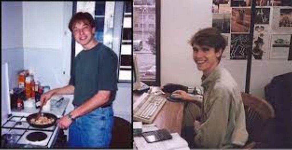 A collage of the Musk brothers using their office as living space