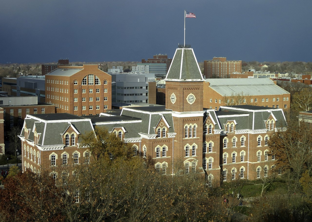 University Hall in the sun before storm clouds advance on The Ohio State University