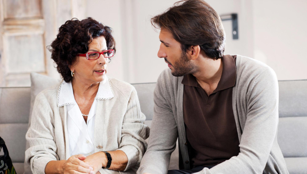 A mother and son having a chat