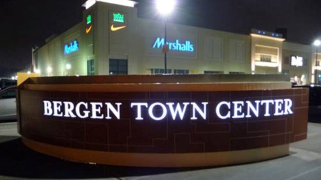 A night shot of Bergen County’s town center