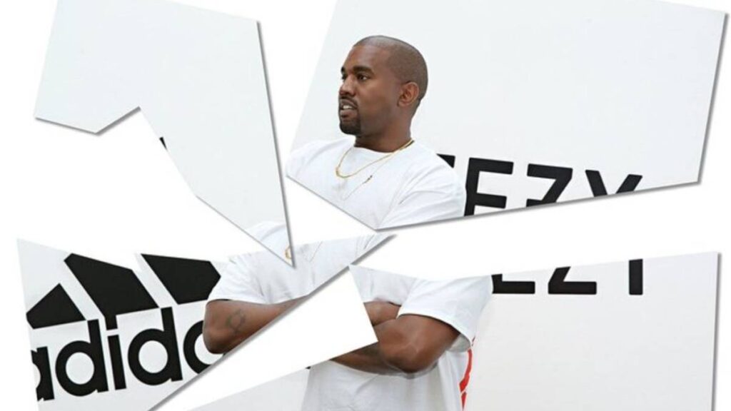 A broken frame of Adidas-branded image of Kanye West