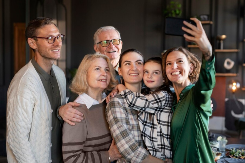 A family taking a group selfie