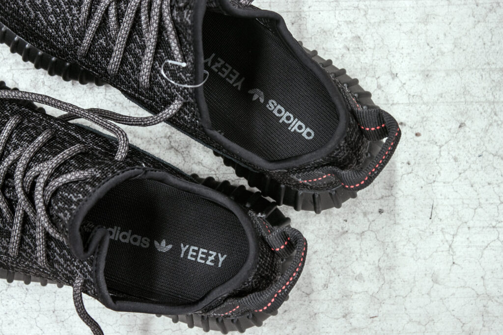 Close-up shot of a pair of Yeezy shoes