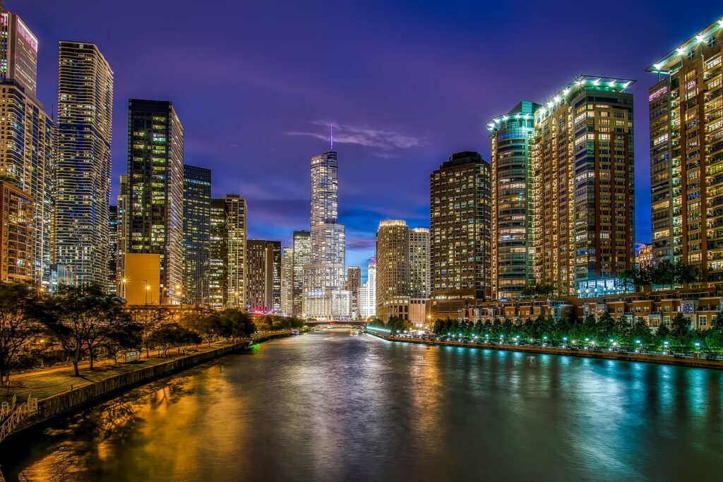 Chicago Illinois River Water Reflections after Sunset