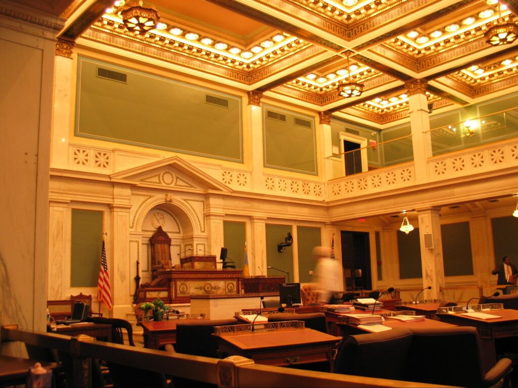 An empty city council chamber