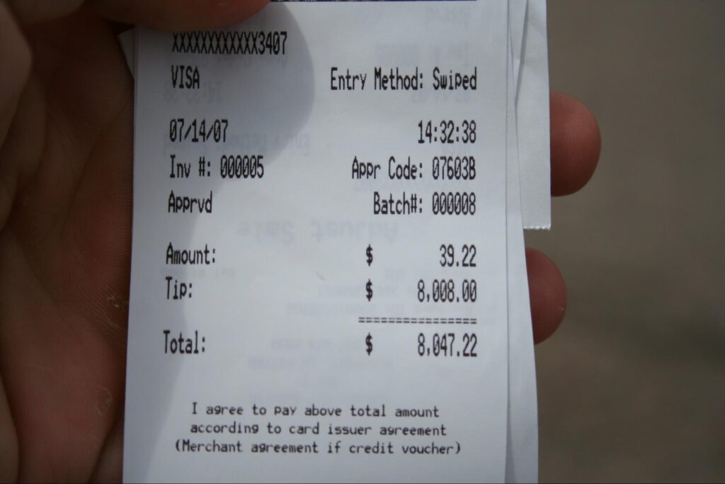 A meal receipt showing a heavy tip