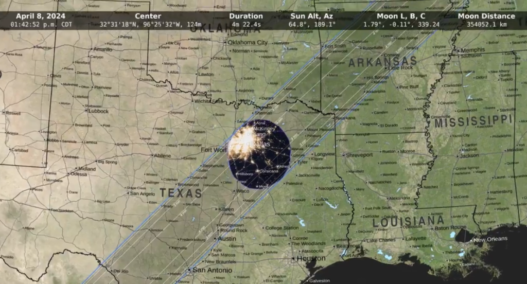 A simulation of the path of incidence of the 2024 solar eclipse