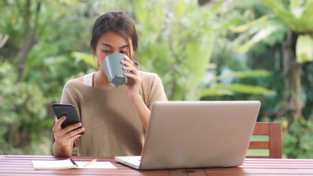 A young lady studying from home