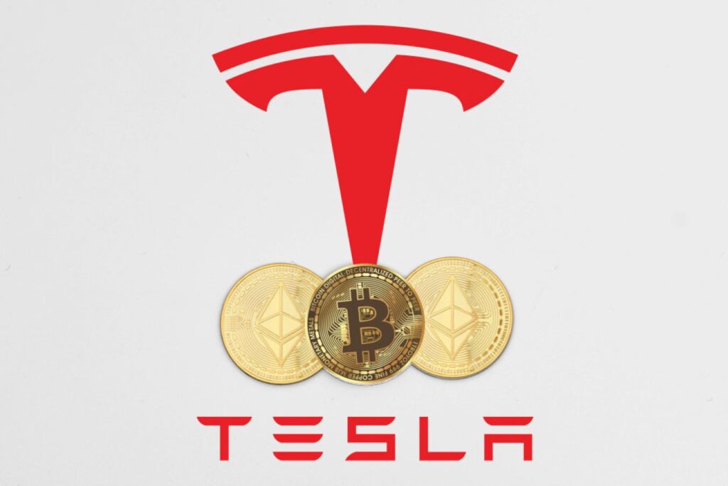 Tesla logo, Bitcoin and Ethereum medallions