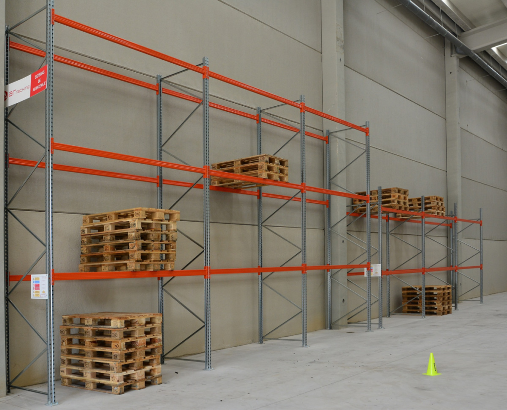 Warehouse with empty shelves and pallets