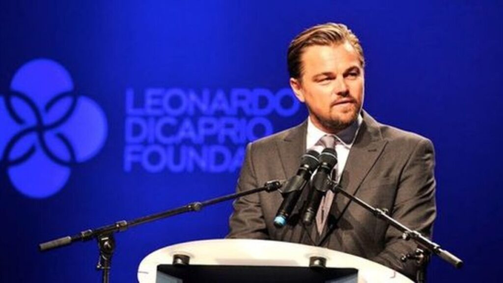 Leonardo DiCaprio giving a speech at the Leonardo DiCaprio Foundation