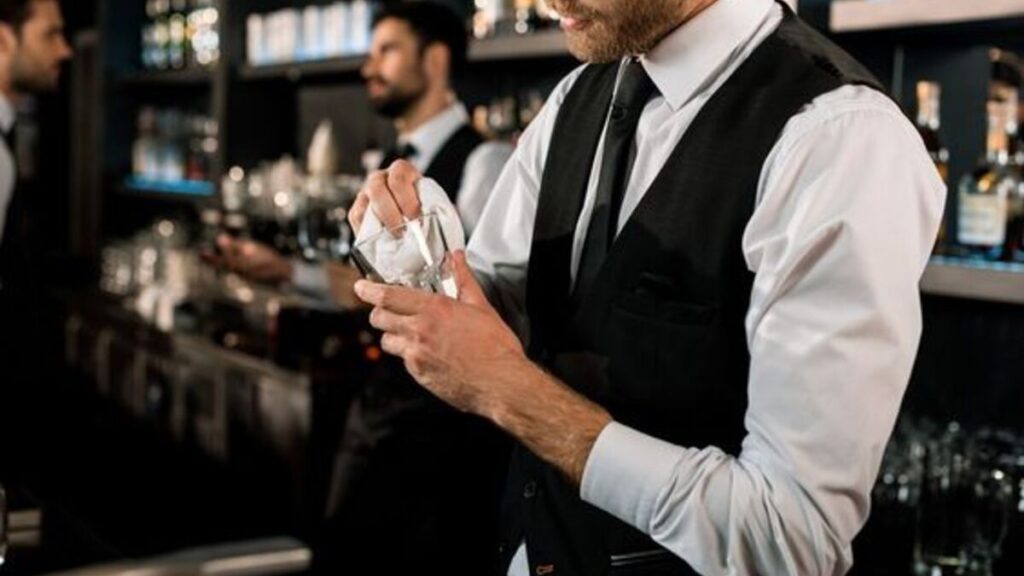 A bartender cleaning a glass