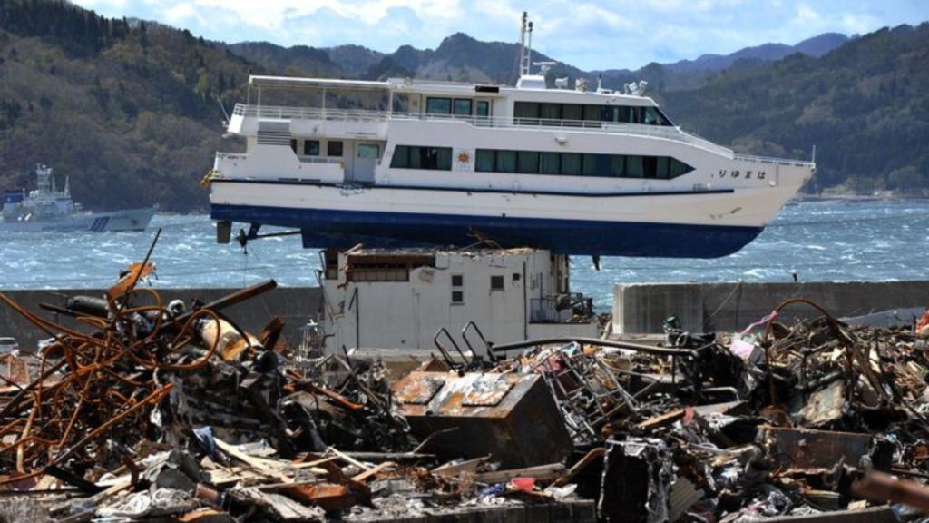 A boat on a collapsed building