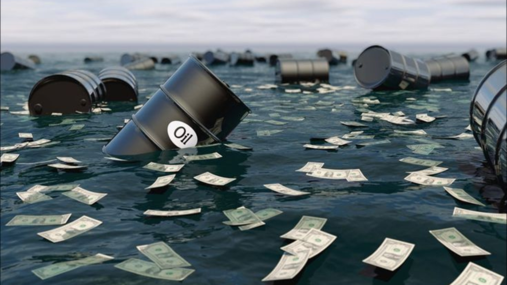 Drums of oil and cash floating in the sea