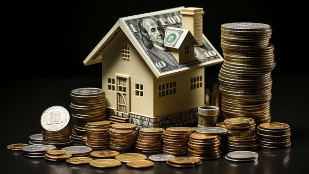 A House model with stacks of coins and cash around it