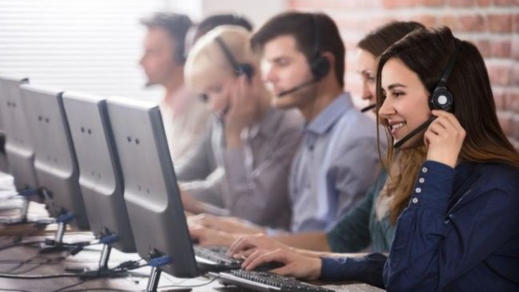 A line up of customer care reps on the phone