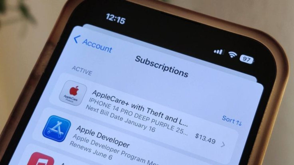 A list of different subscriptions on a phone screen