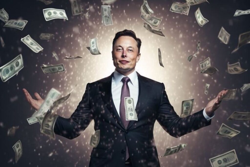 Elon Musk stands with cash flying in the air