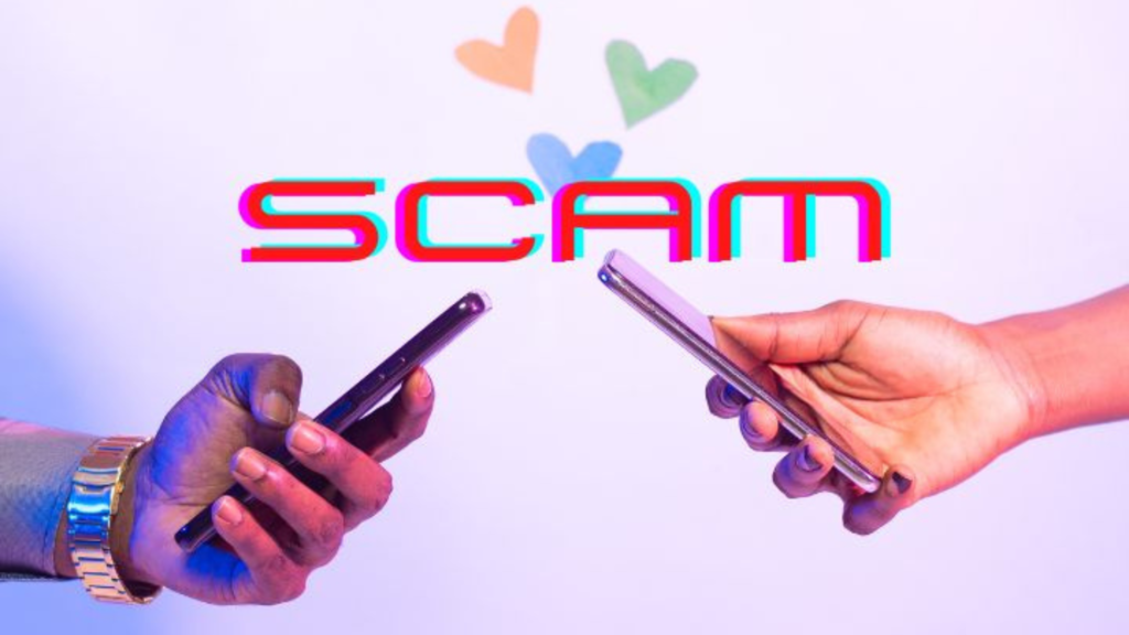 A man and woman holding their phones with SCAM 