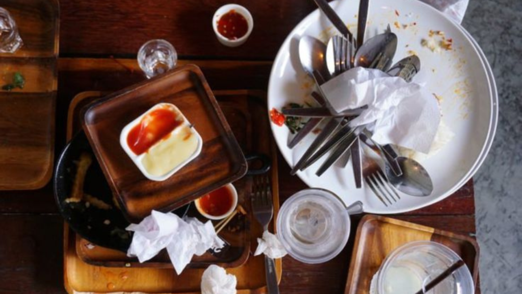 Dirty dishes and cookware on a table