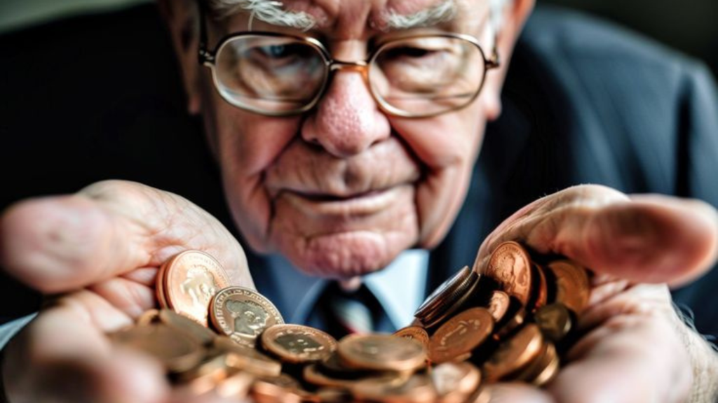 Warren Buffet holding coins in his hands