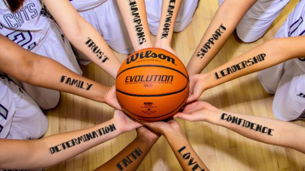 Team of basketballers holding a ball