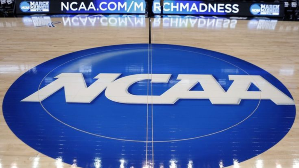 NCAA markings on basketball court