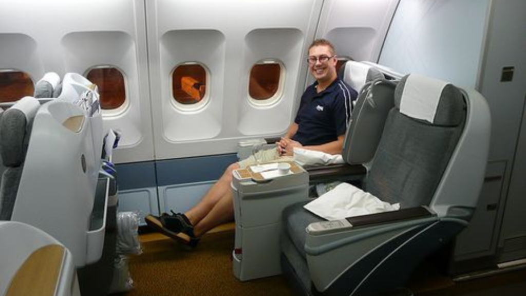 Flight passenger smiling