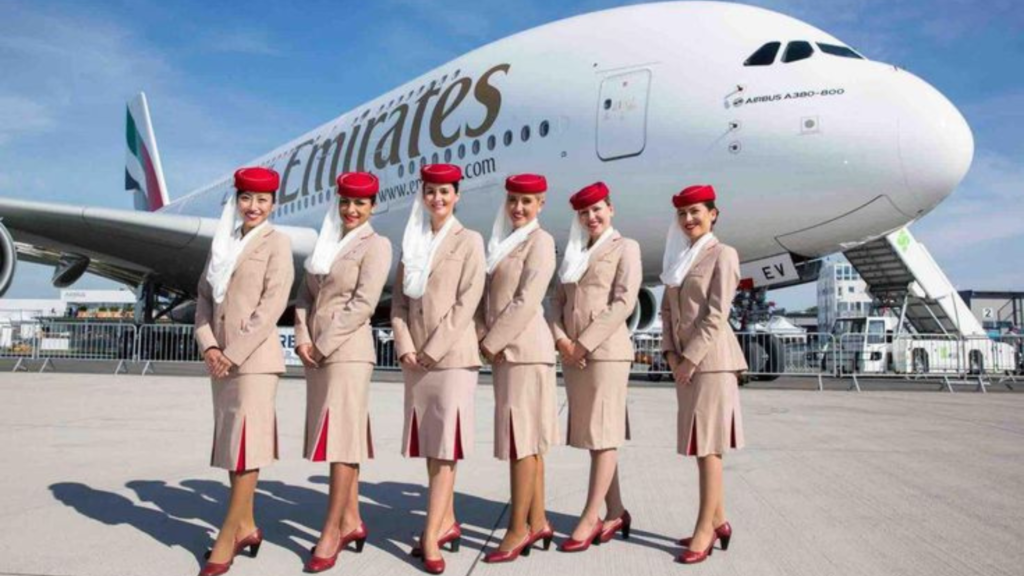 Flight attendants posing in front of a plane