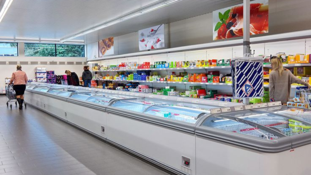 An aisle of frozen items at the supermarket