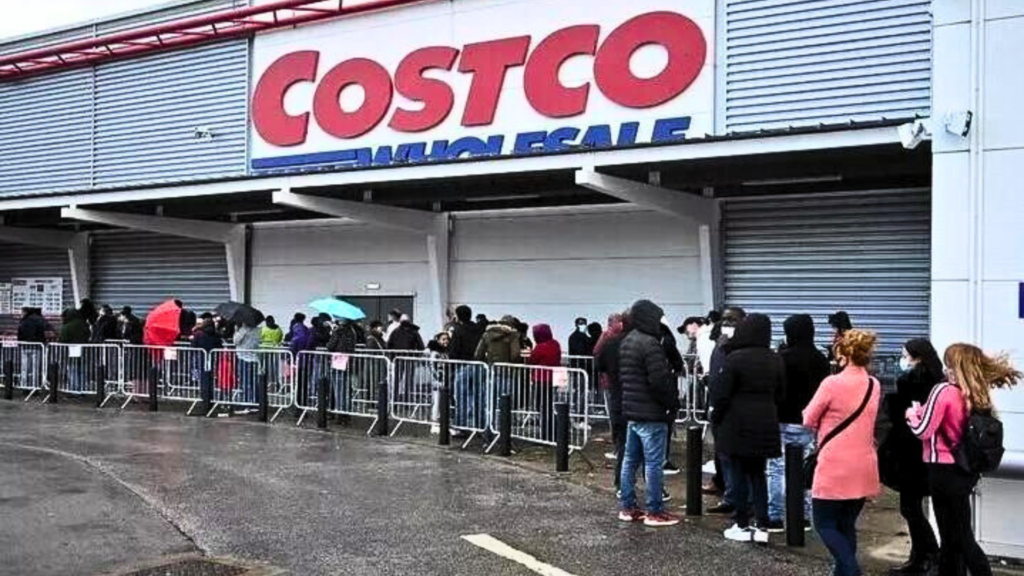 Long queue of shoppers at Costco store