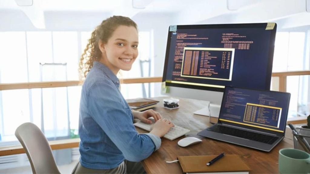 A lady working on a software program