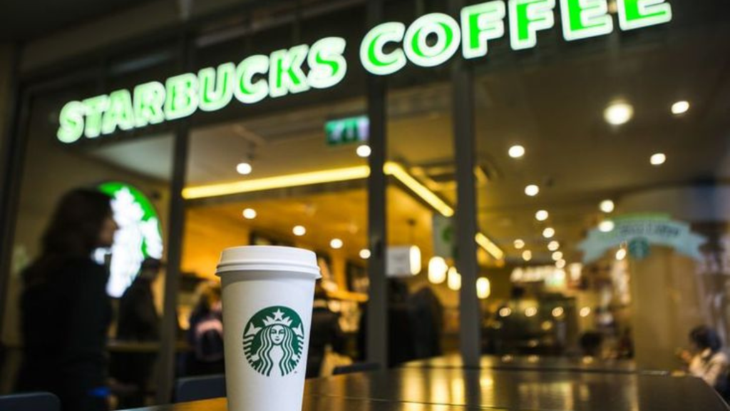 A cup of Starbucks outside a coffee shop