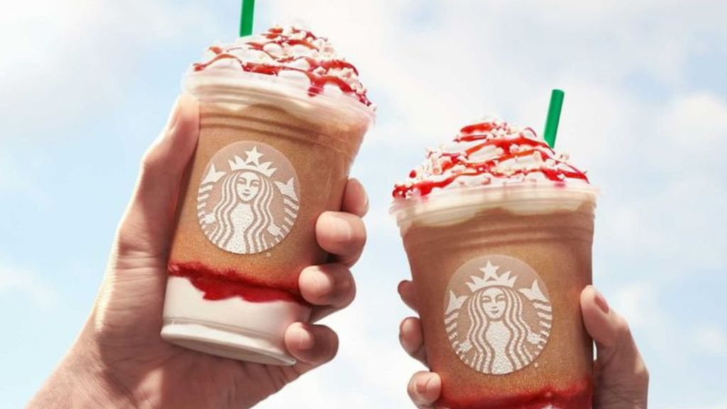 Two cups of Strawberry Funnel Cake Frappuccino