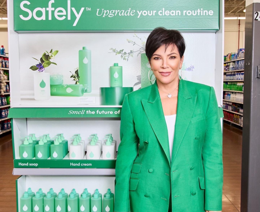 Jenner poses in front of Safely products