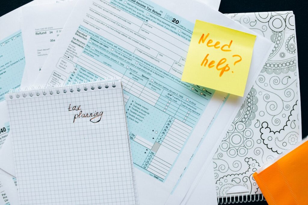 Tax documents spread across a table