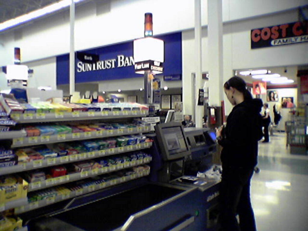 NCR Fastlane self-checkout registers at the Walmart store in Madison Heights