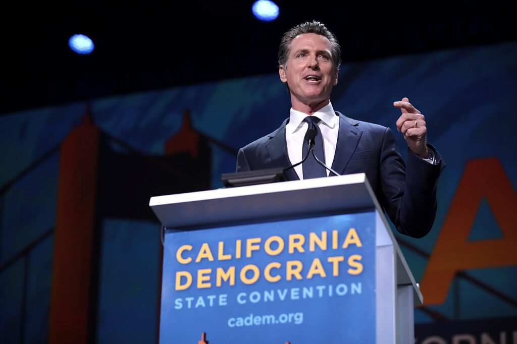 Newsom speaking at the R. Moscone Convention Center