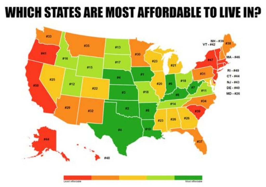 Map of the US showing the cheapest states to live in