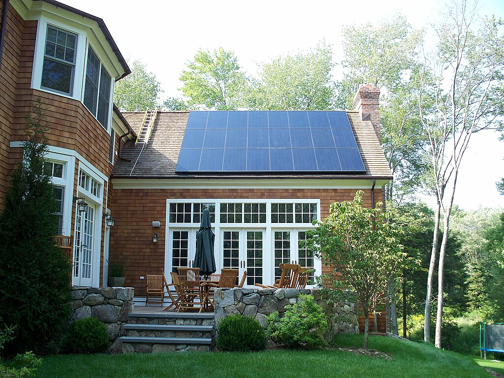 Solar panels on the roof of a residential building