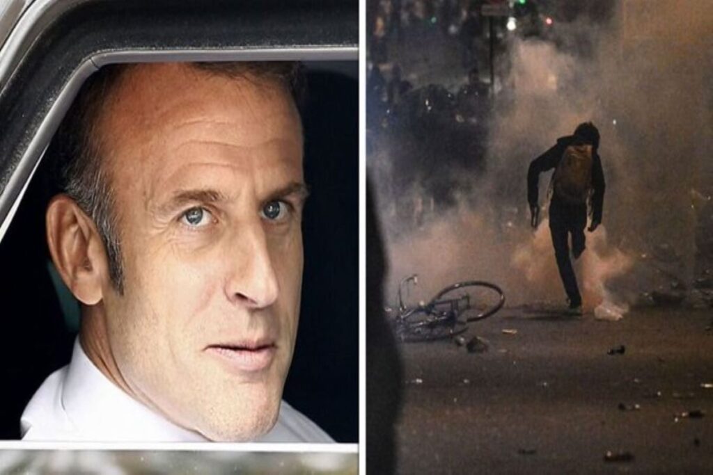 Collage of Macron in his official car and a rioter fleeing from police teargas