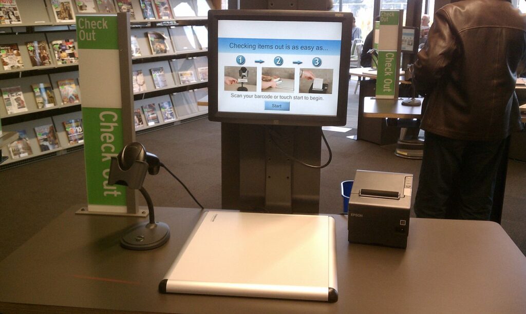 A self-checkout station in the Vancouver, Washington, public library