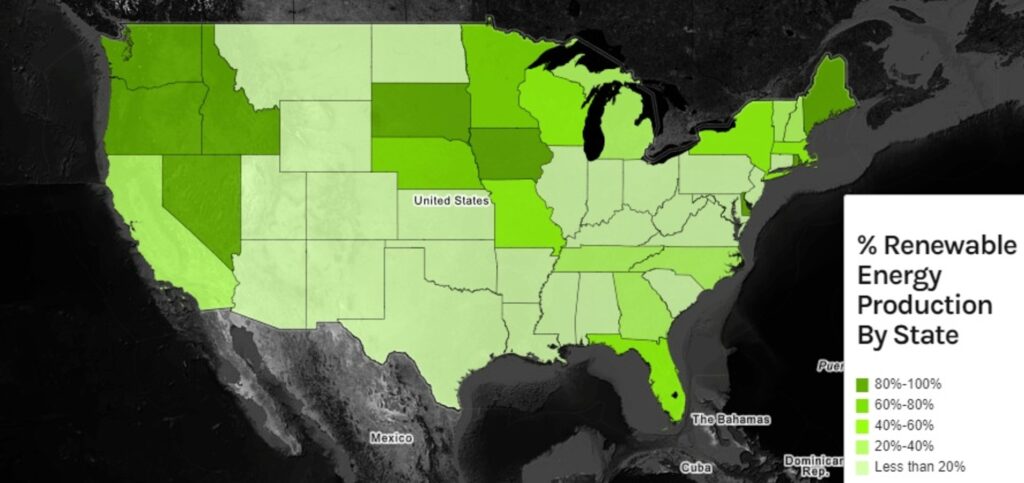 Map of renewable energy percentages across states in the USA