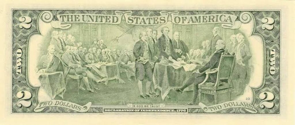 A $2 bill depicting the signing of the Declaration of Independence