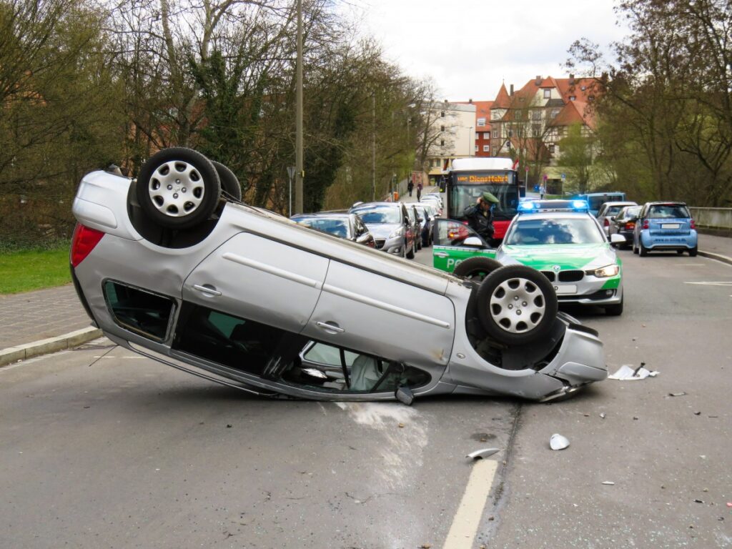 A car flipped over after an accident