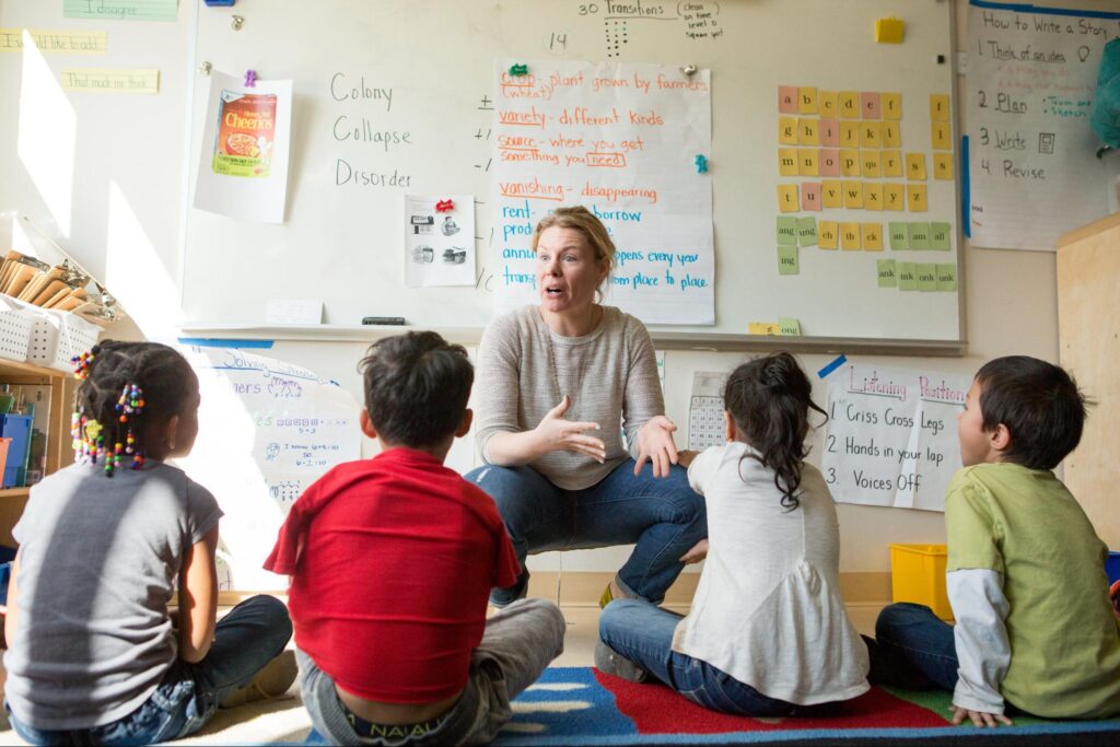 First-grade teacher with group of students