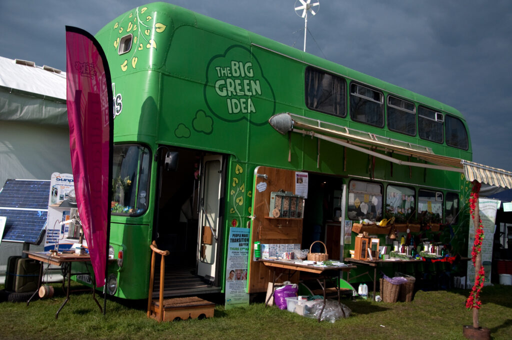 A bus packed with energy-saving devices, water-saving gadgets, natural products for skin care and cleaning